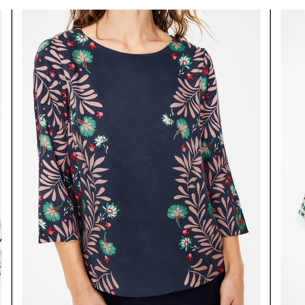 Boden Larissa Top Navy Blouse with Green and Pink Floral Design